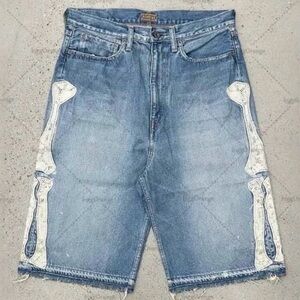 Men's Large Embroidered Denim Shorts, Y2K Street Style